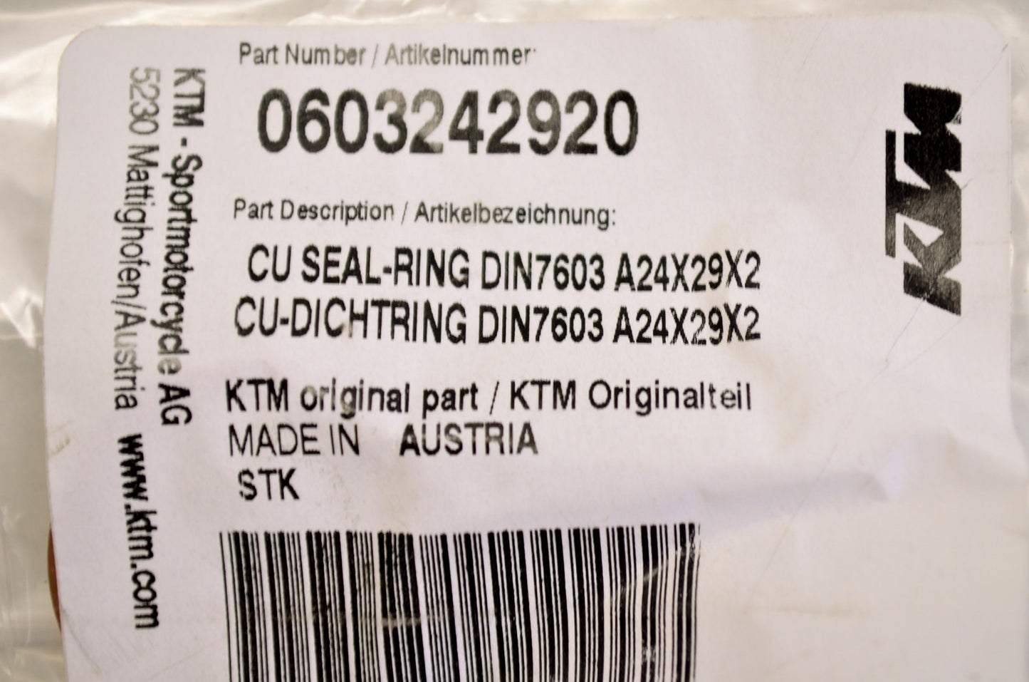 OEM KTM 603242920 Copper Seal Ring 24x29x2 NOS