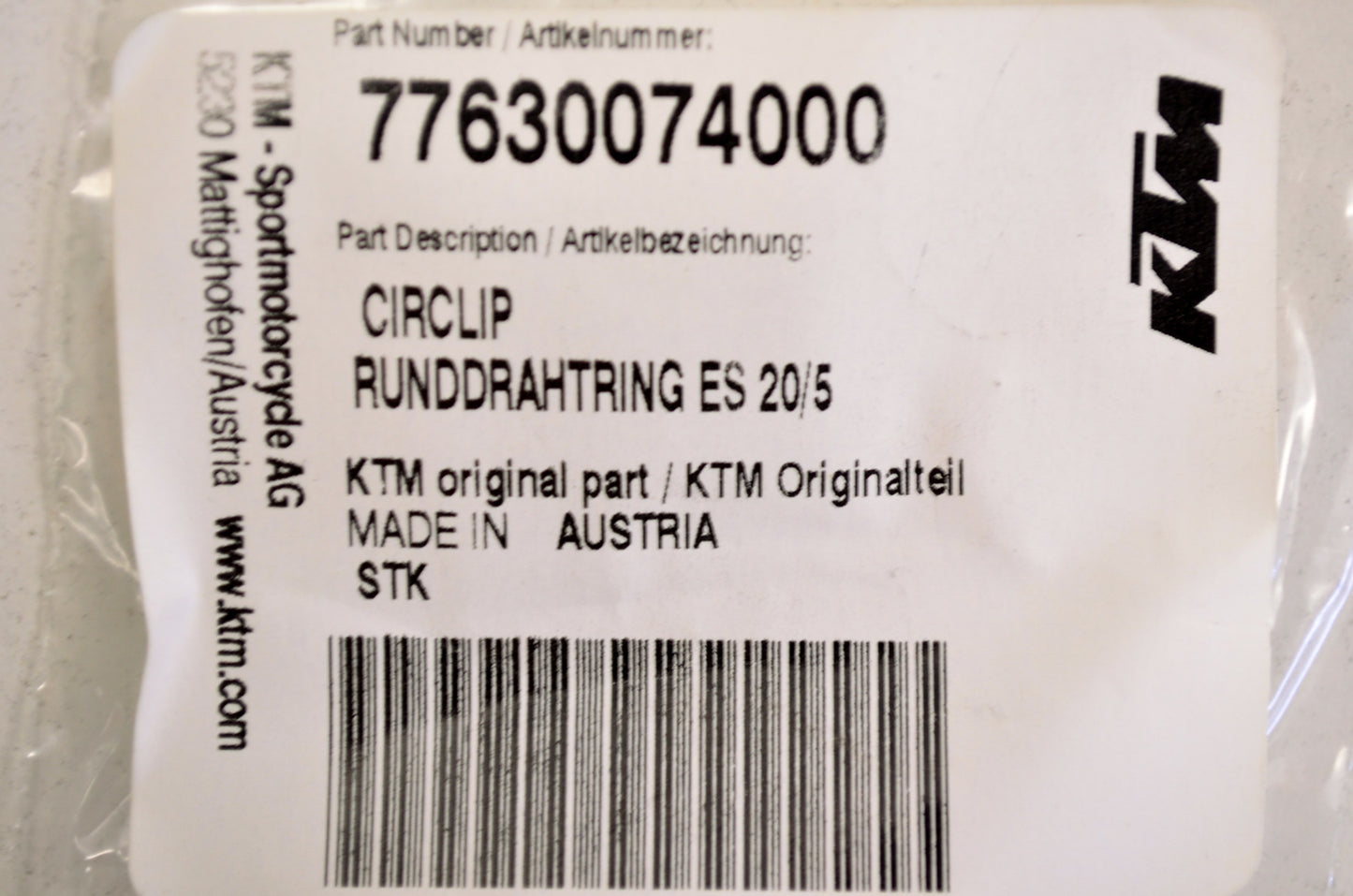 OEM KTM 77630074000 Circlip NOS