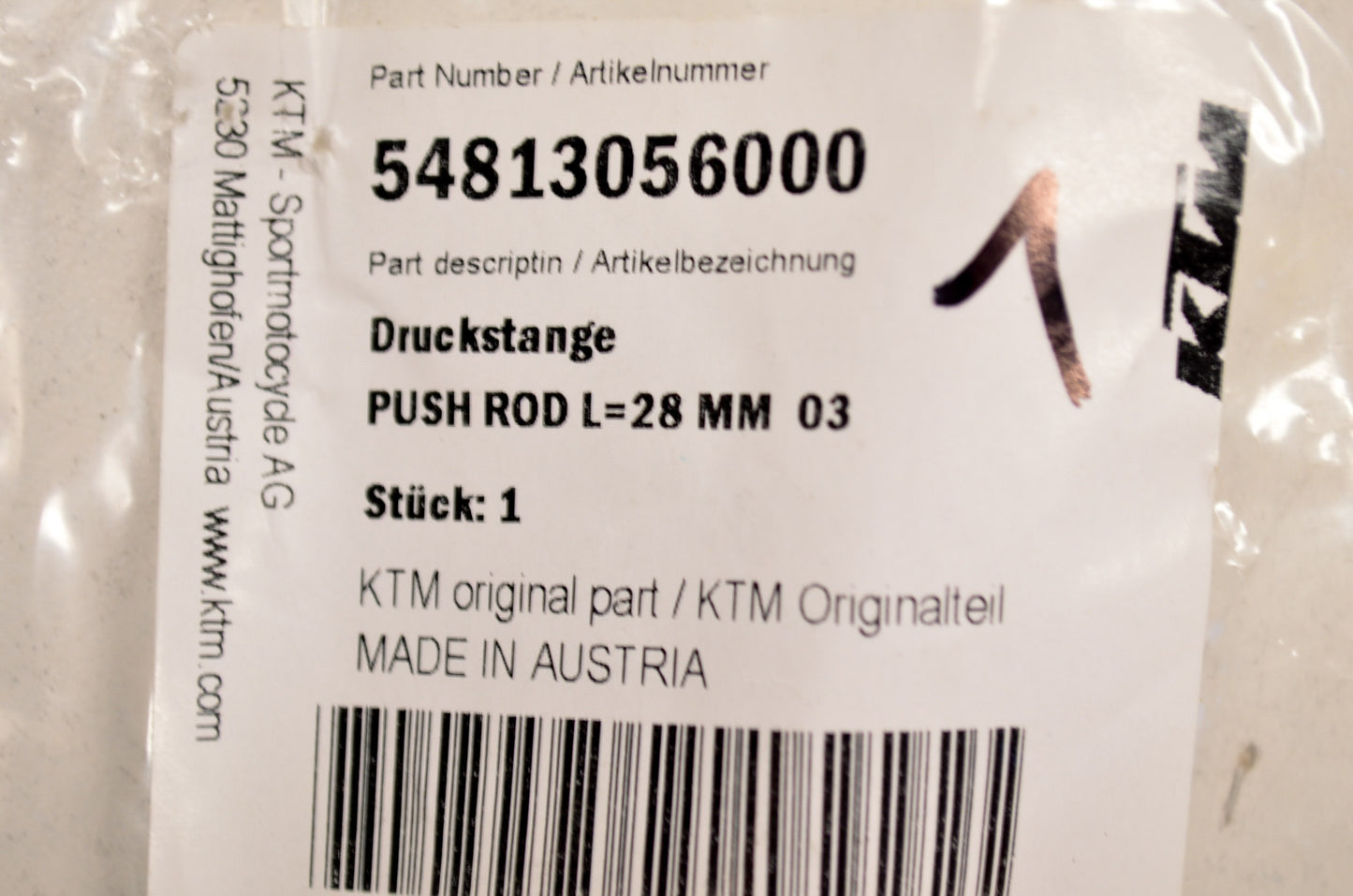 OEM KTM 54813056000 Push Rod L=28mm NOS