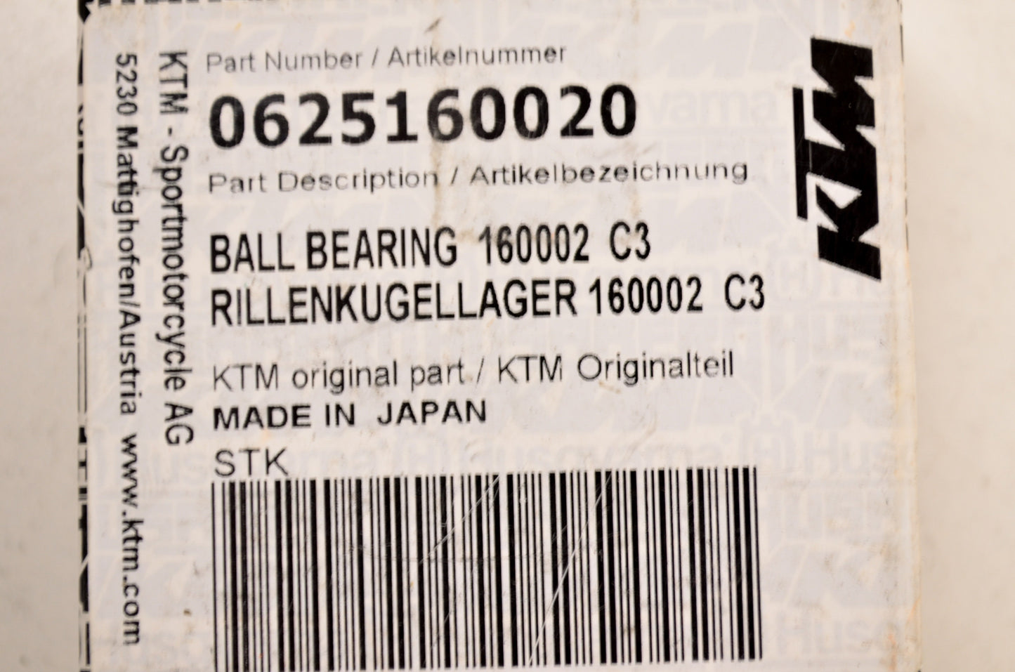OEM KTM 625160020 Ball Bearing 16002 C3 NOS