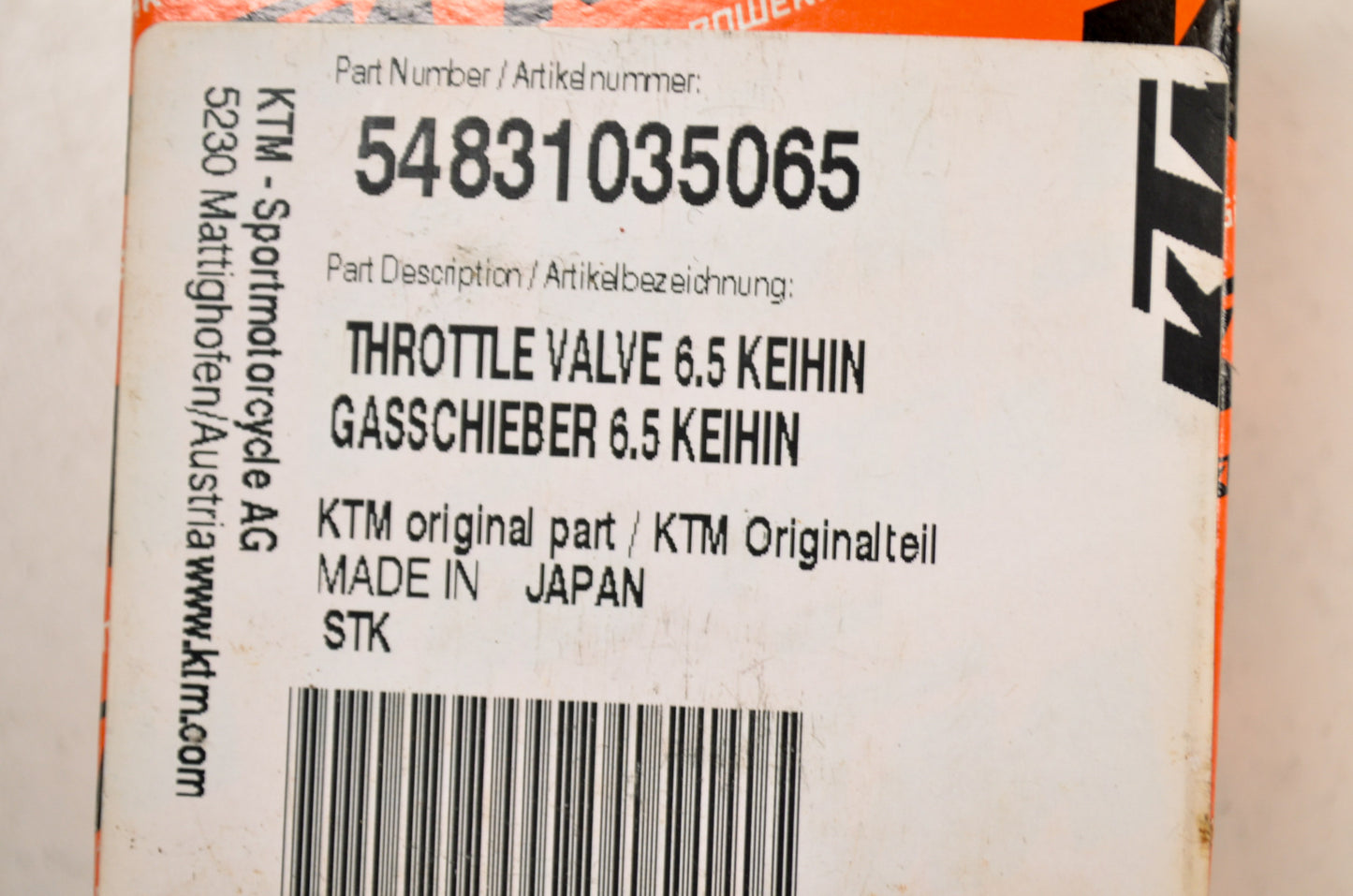 OEM KTM 54831035065 Keihin Throttle Valve 6.5 NOS