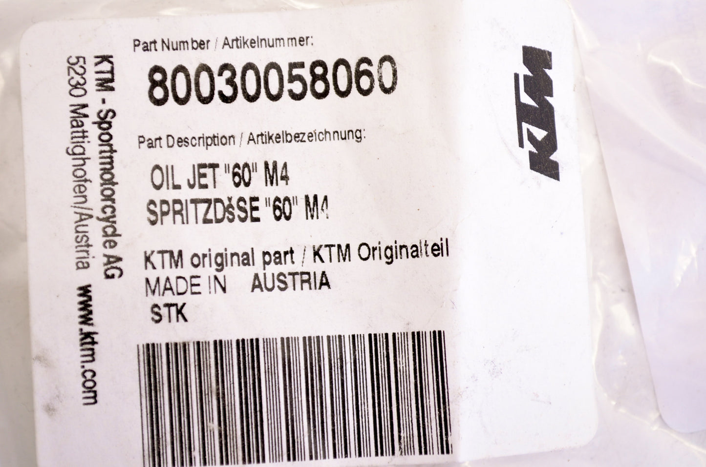 OEM KTM 80030058060 Oil Jet #60 M4 NOS