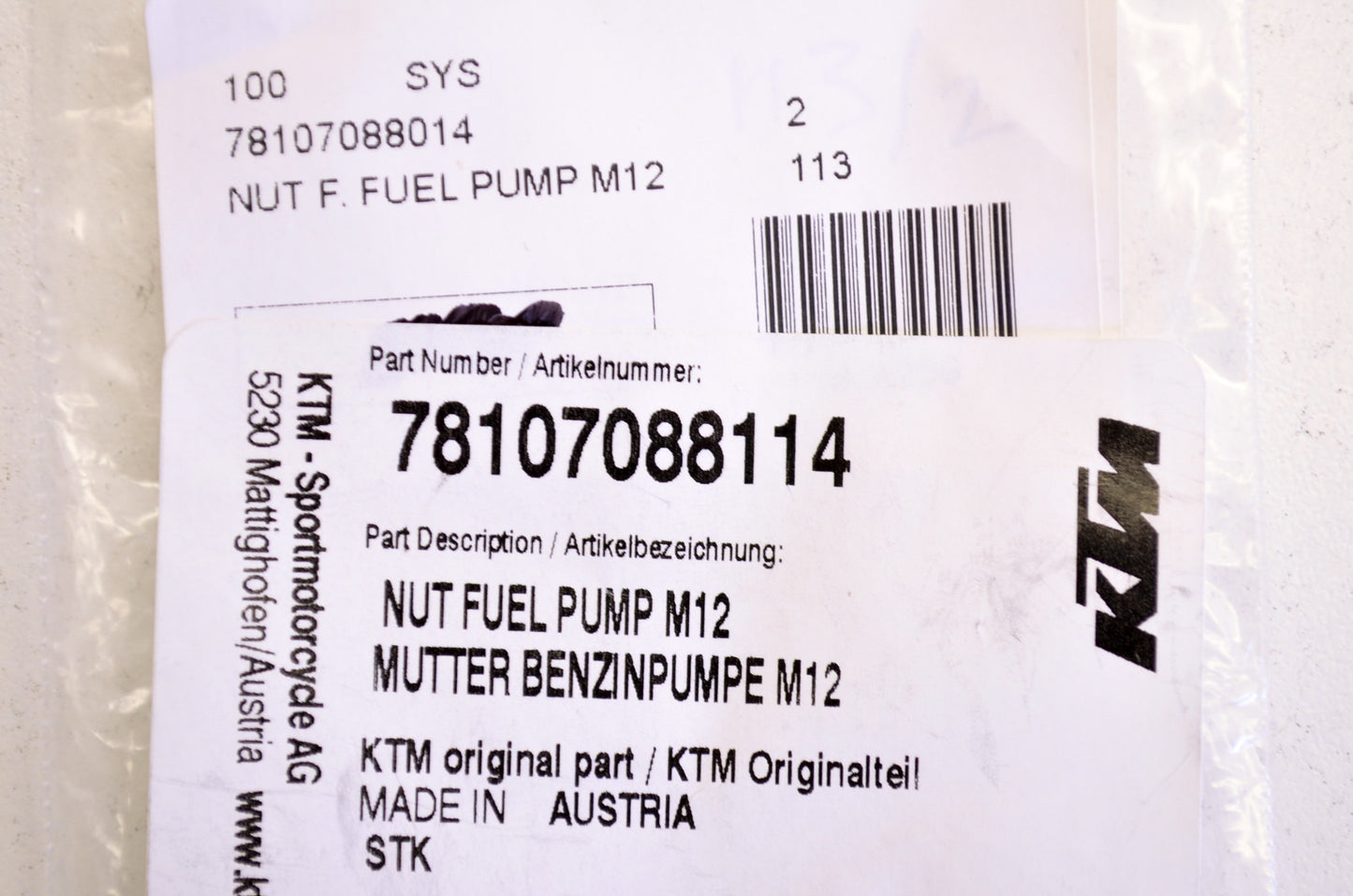 New OEM KTM Fuel Pump Nut M12 NOS