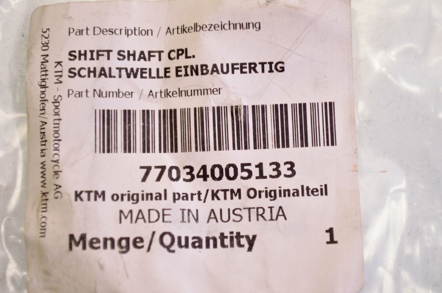 New OEM KTM 77034005133 Shift Shaft Assembly NOS