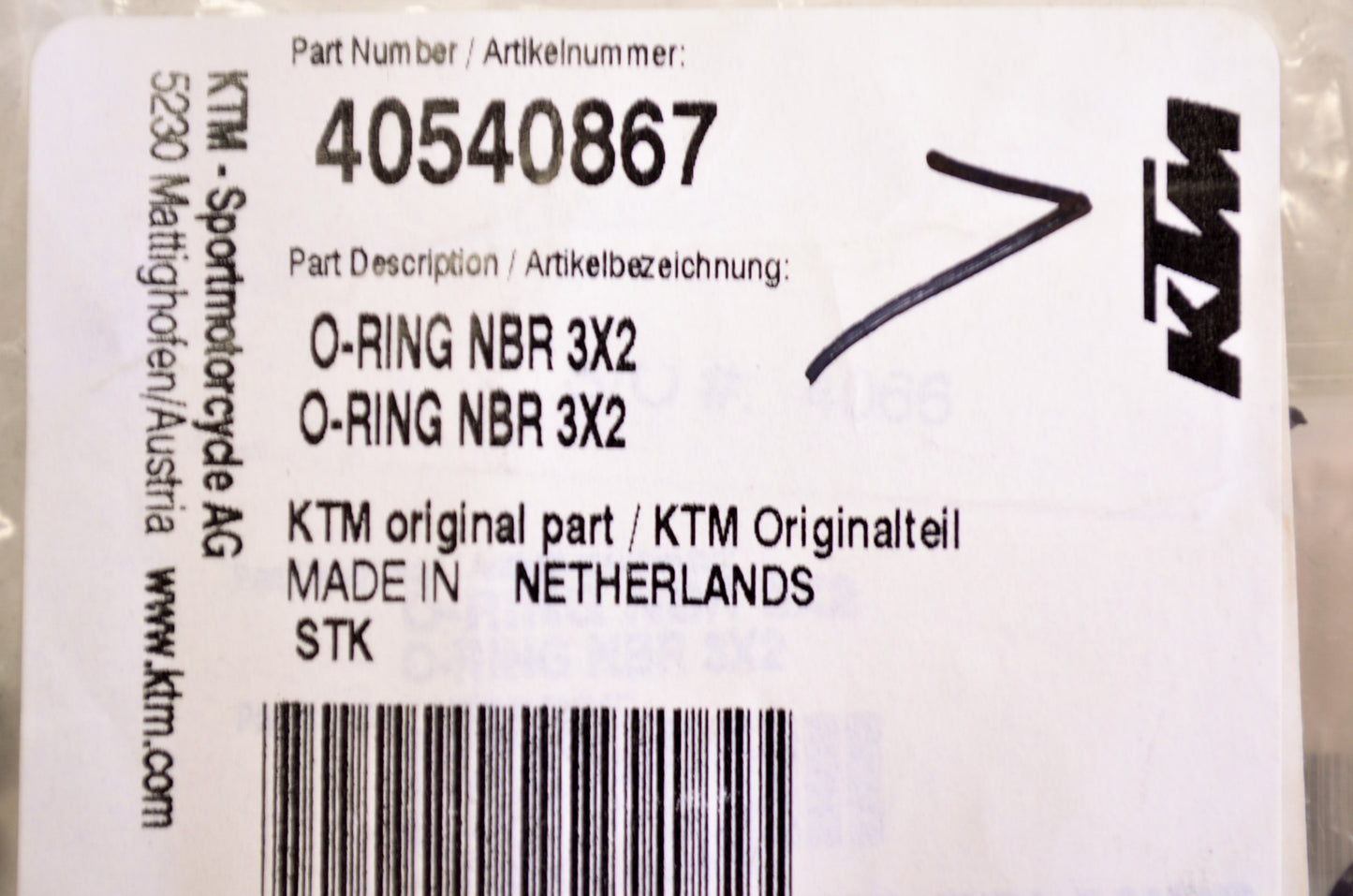 OEM KTM 40540867 O-Ring NBR 3X2 NOS