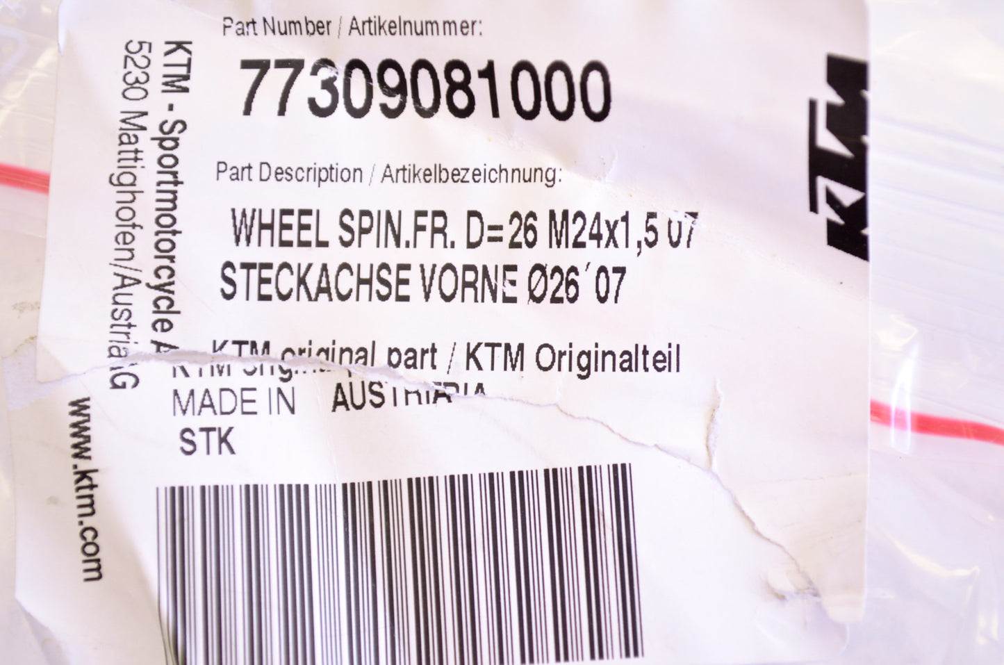 New OEM KTM Front Wheel Spindle Axle 24x1.5 D26 NOS