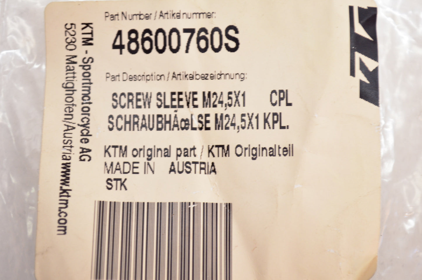 OEM KTM 48600760S Screw Sleeve 24.5x1 NOS
