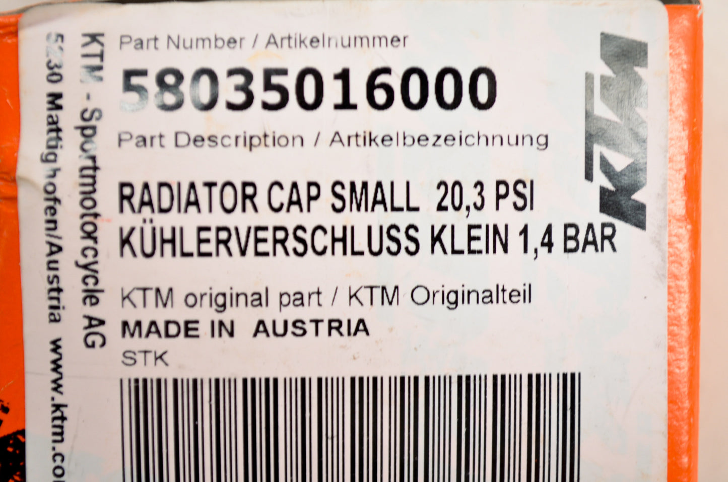 New OEM KTM Small Radiator Cap 20.3 PSI NOS