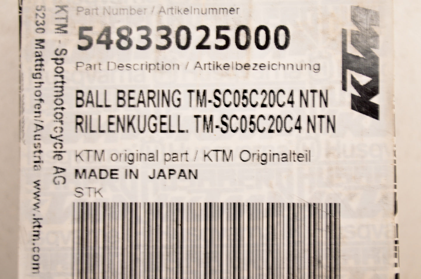 OEM KTM 54833025000 Ball Bearing TM-SC05C20C4 NTN NOS