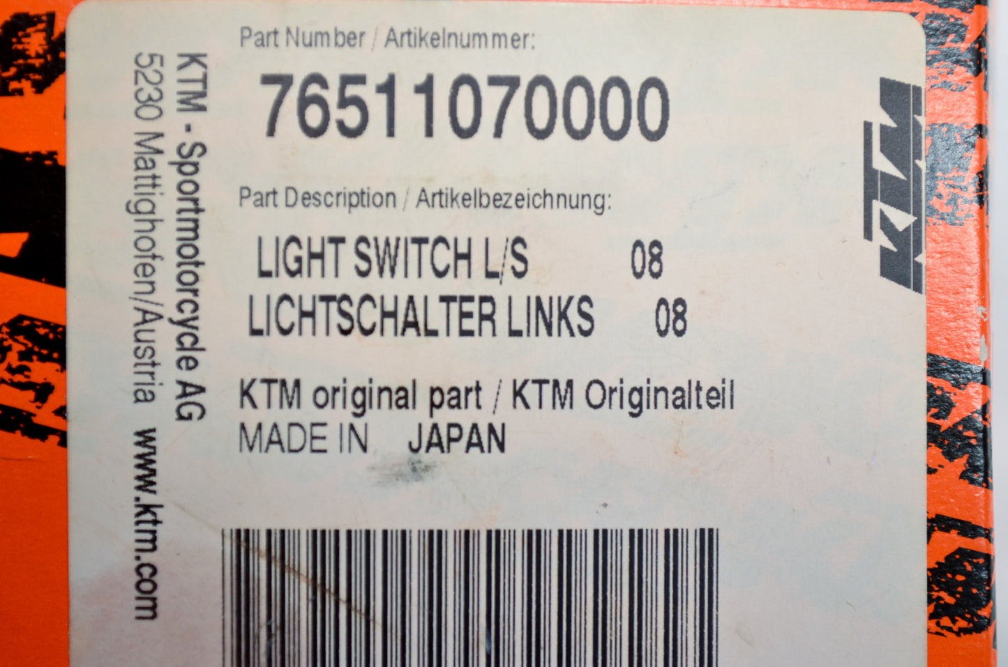 OEM KTM 76511070000 Left Light Switch NOS
