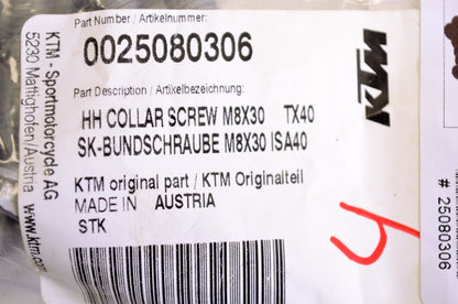 OEM KTM 25080306 Hex Head Collar Screw M8X30 TX40 NOS