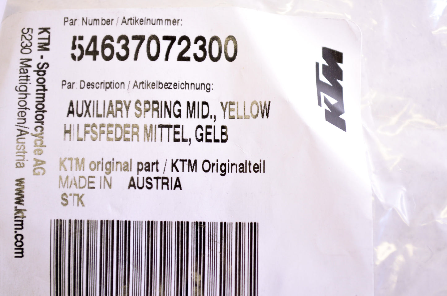 OEM KTM 54637072300 Yellow Middle Auxiliary Spring NOS