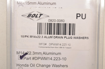 New Bolt Aluminum Drain Plug Washer 14x22.3 QTY 9 NOS