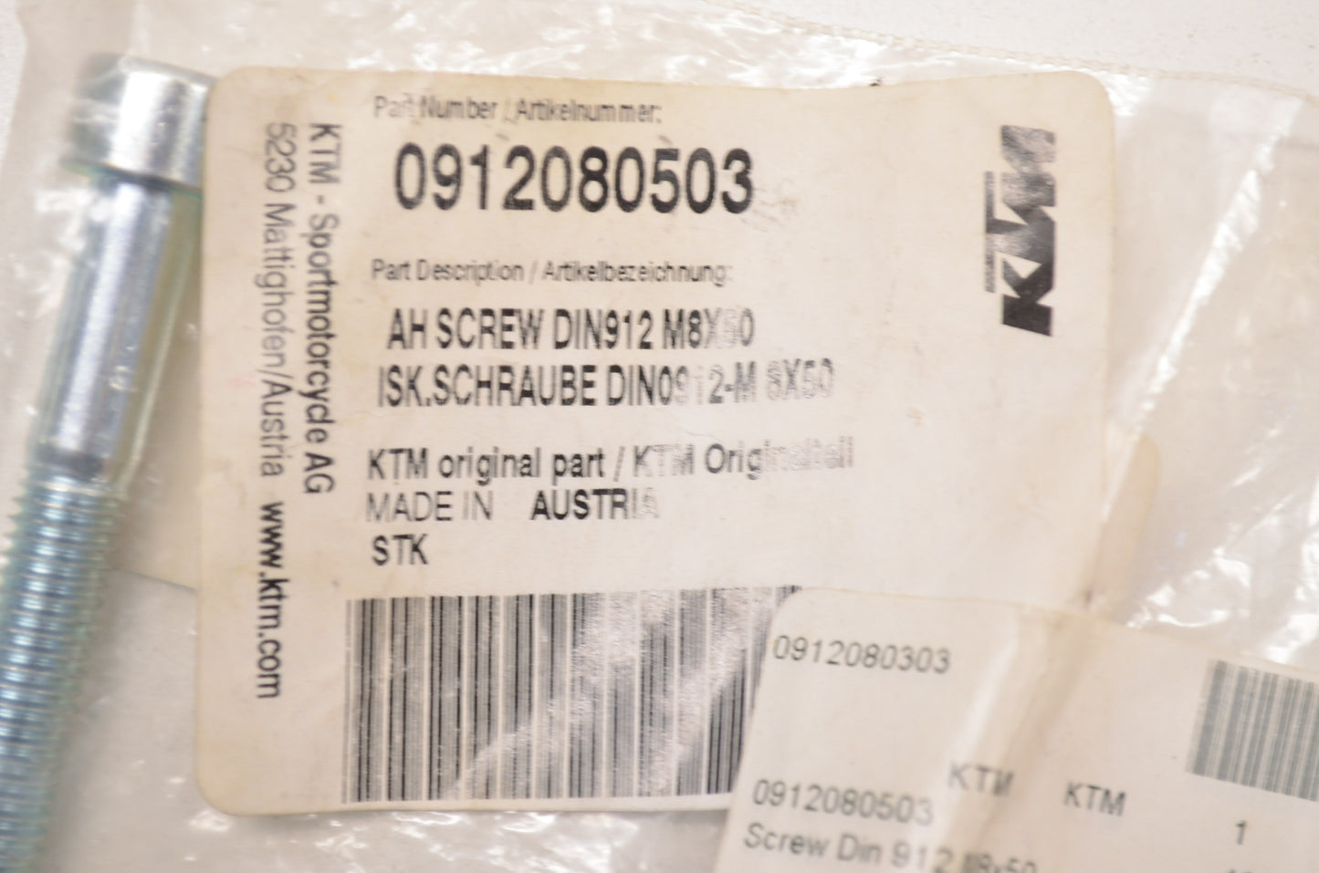 OEM KTM 912080503 Allen Head Screw DIN912 M8X50 NOS