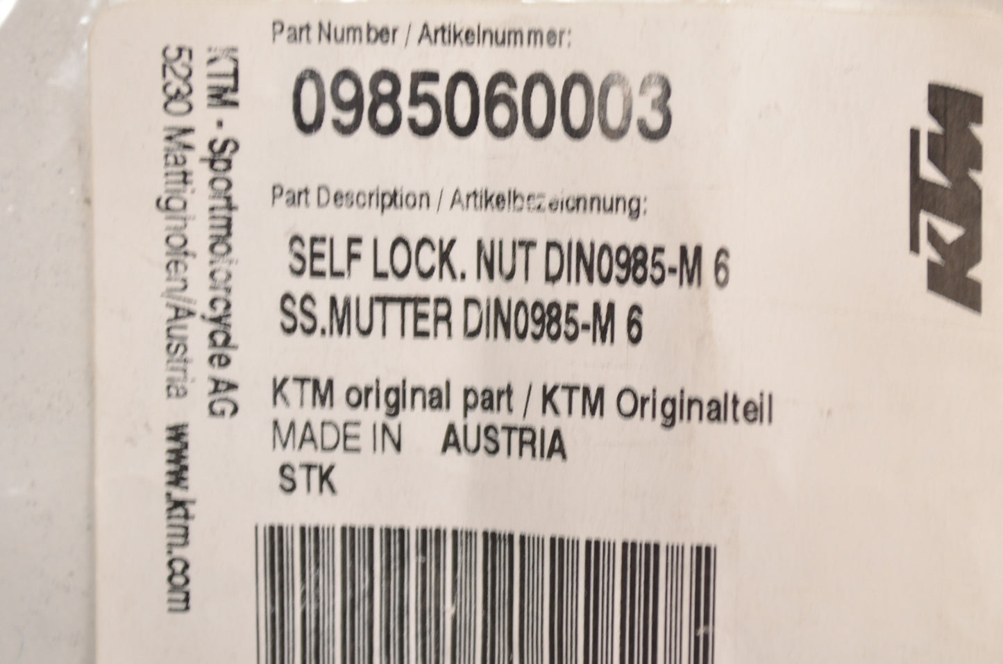 OEM KTM 985060003 Self Locking Nut M6 Qty 3 NOS