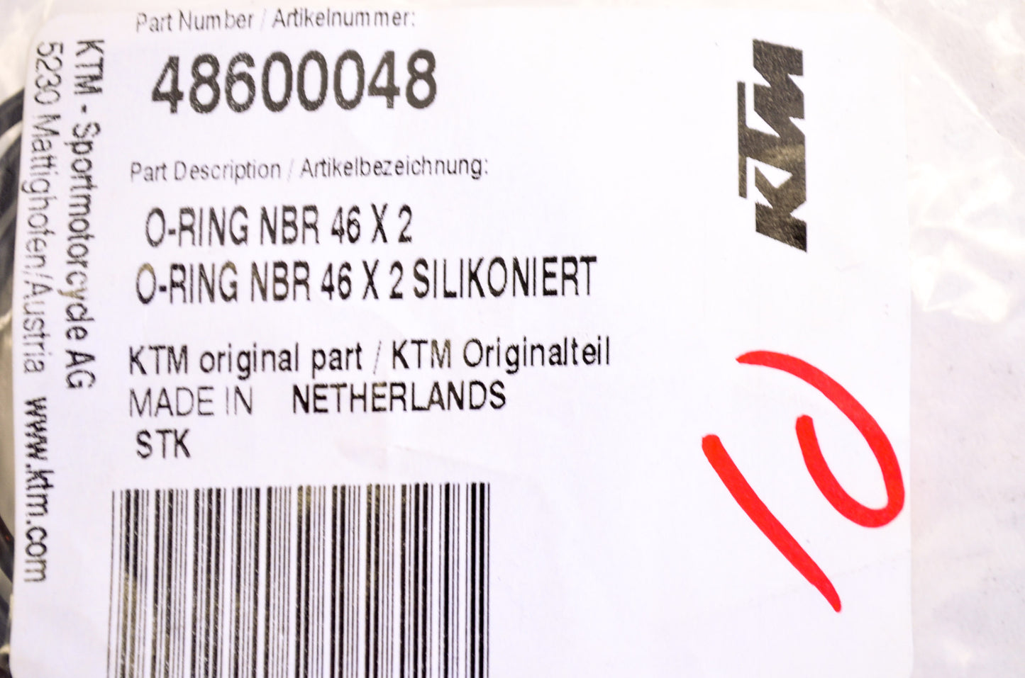 OEM KTM 48600048 O-Ring NBR 46x2 Qty 2 NOS