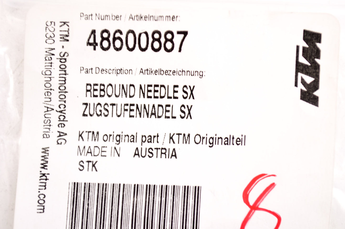 OEM KTM 48600887 Rebound Needle NOS