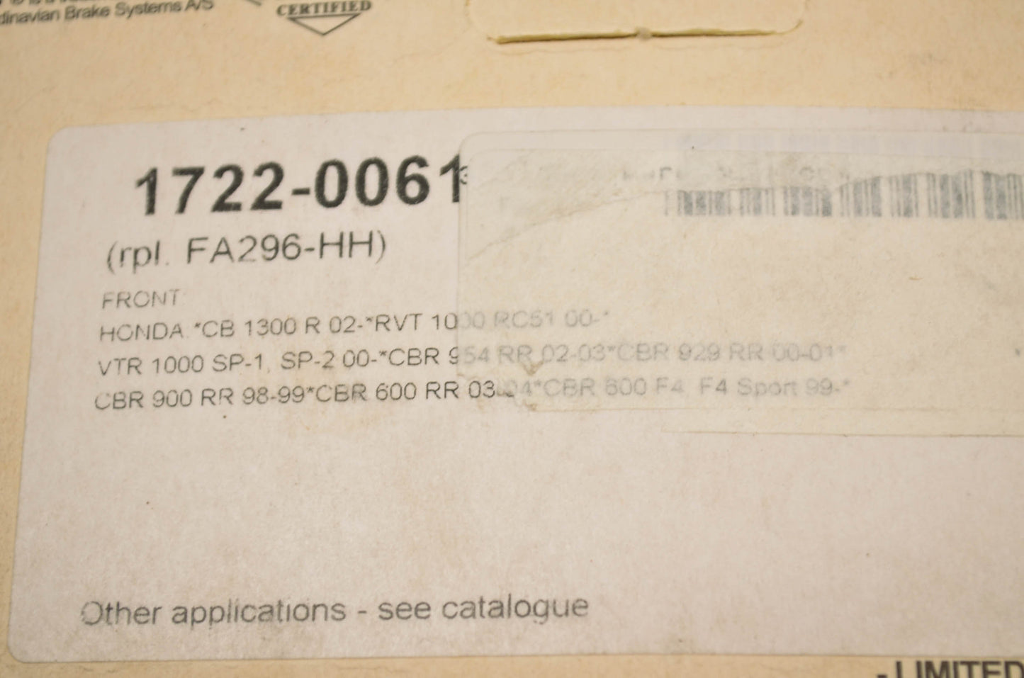 Parts Unlimited 1722-0061, 734HS, FA296-HH SBS Sintered Front Brake Pad Pair NOS