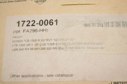 Parts Unlimited 1722-0061, 734HS, FA296-HH SBS Sintered Front Brake Pad Pair NOS