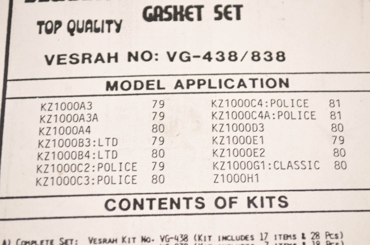 New Vesrah Gasket Kit Kawasaki NOS