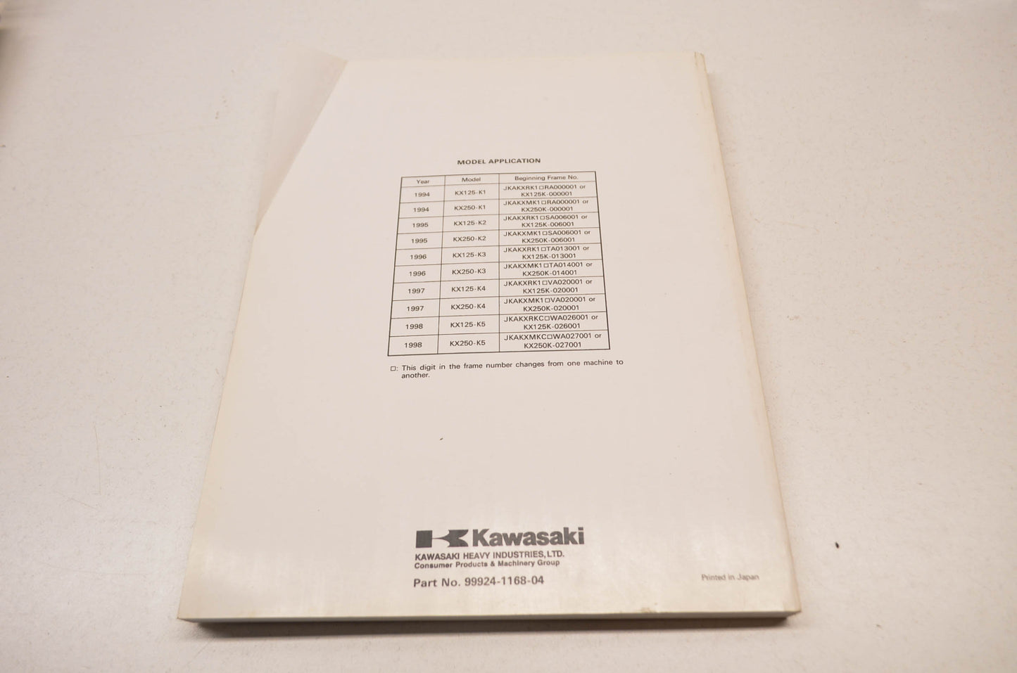 OEM Kawasaki 99924-1168-04 Service Manual KX125/250K