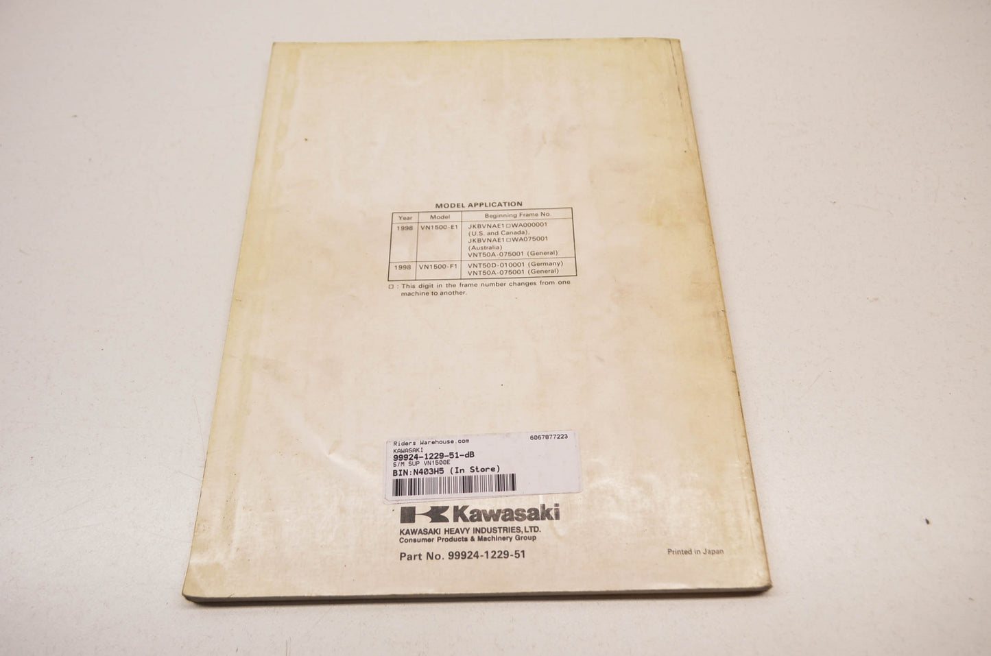 OEM Kawasaki 99924-1229-51 Service Manual Supplement VN1500E NOS