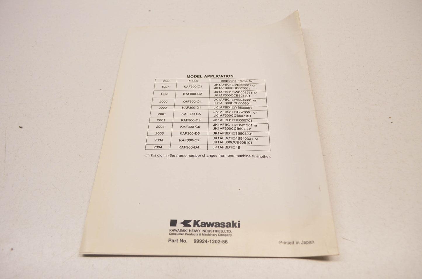 OEM Kawasaki 99924-1202-56 Service Manual Supplement KAF300C NOS