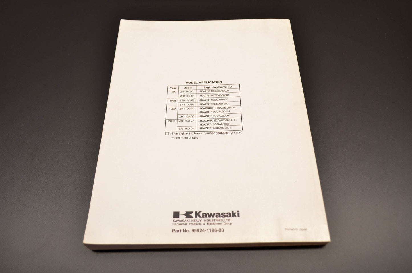 OEM Kawasaki 99924-1196-03 Service Manual ZR1100C NOS