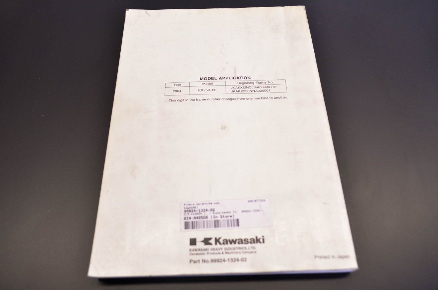 OEM Kawasaki 99924-1324-02 Service Manual KX250N NOS