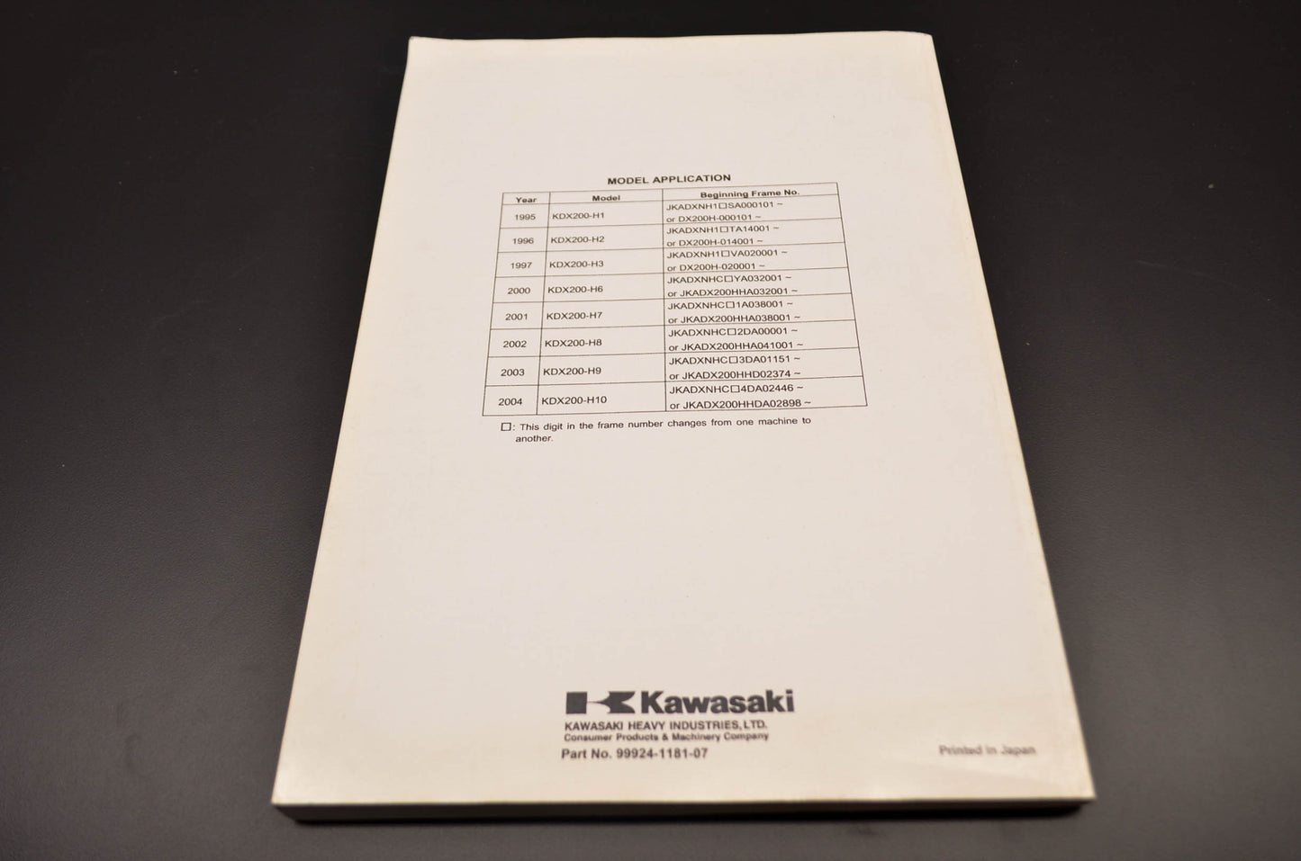 OEM Kawasaki 99924-1181-07 Service Manual KDX200H NOS