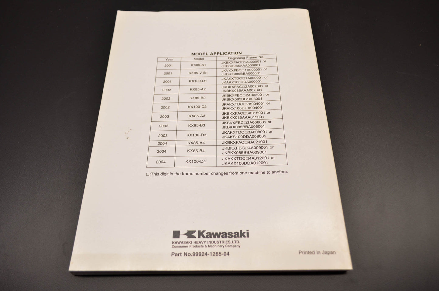 OEM Kawasaki 99924-1265-04 Service Manual KX85A/100D NOS