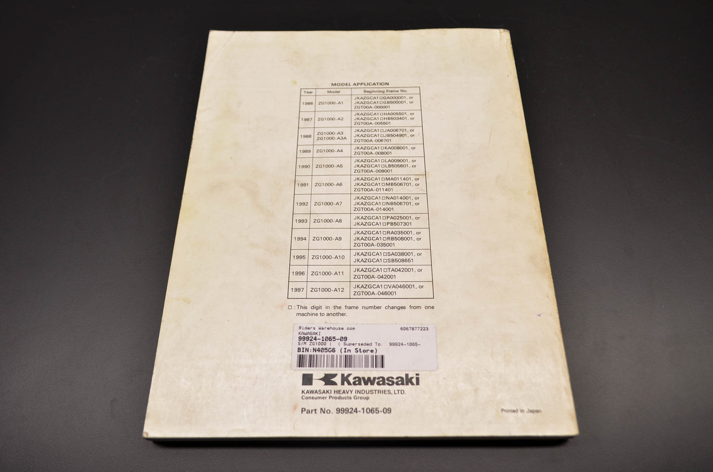 OEM Kawasaki 99924-1065-09 Service Manual ZG1000A