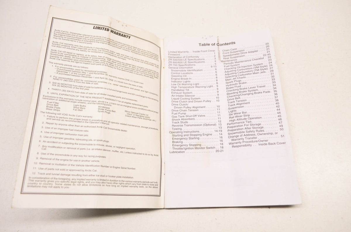 OEM Arctic Cat 2255-970 ZR Models Carbureted Operator's Manual