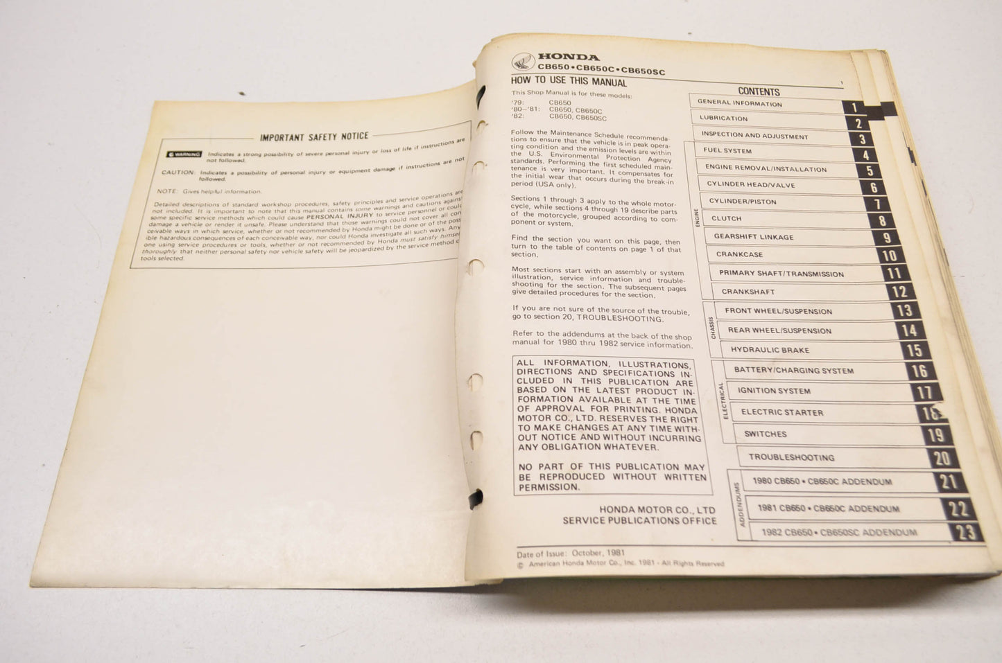 OEM Honda CB650 Shop Manual 79-82 CB650