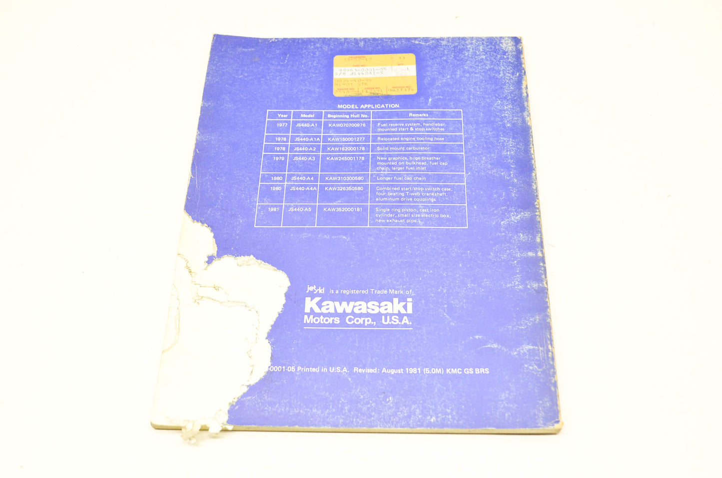 OEM Kawasaki 99963-0001-05 Service Manual JS440A1-6