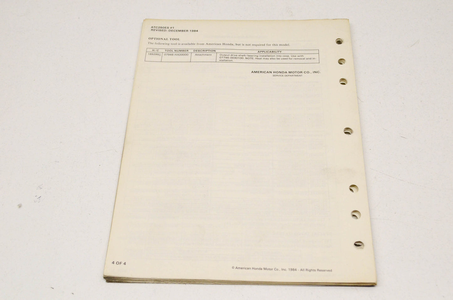OEM Honda 6196103 Service Manual 81-84 ATC250R