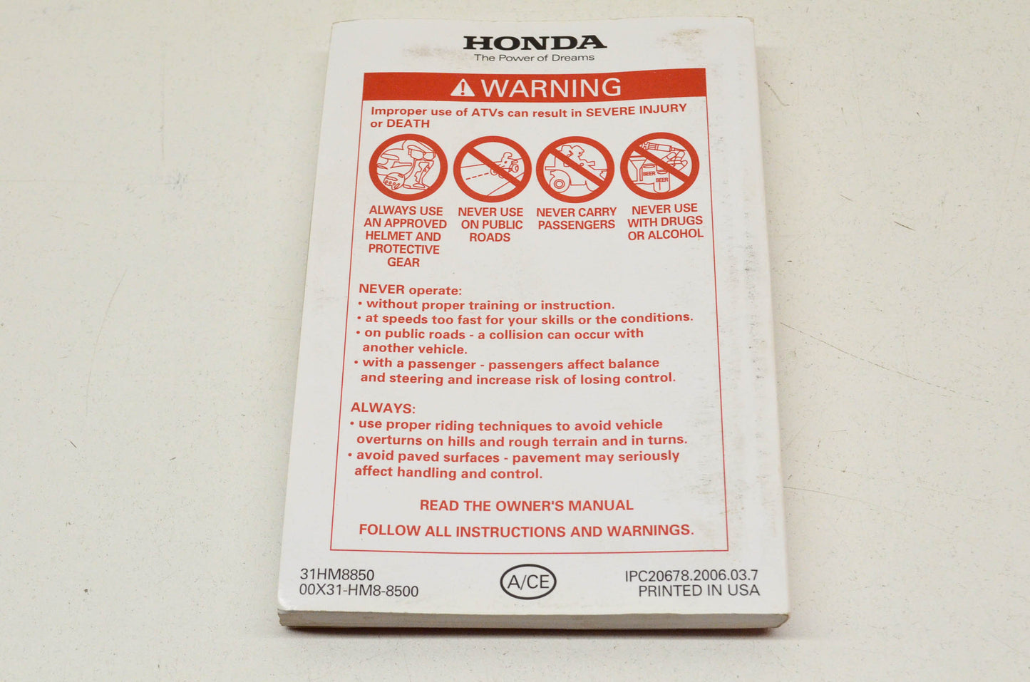OEM Honda Owner's Manual TRX250TE Fourtrax Recon ES TRX250TE/ Fourtrax Recon ES