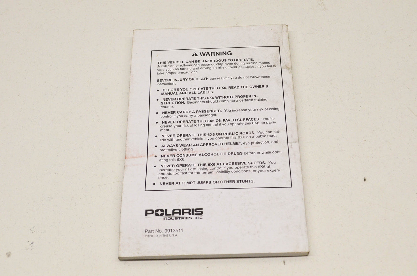 OEM Polaris 9913511 Owner's Safety & Maintenance Manual Xplorer 400L W969140 96.