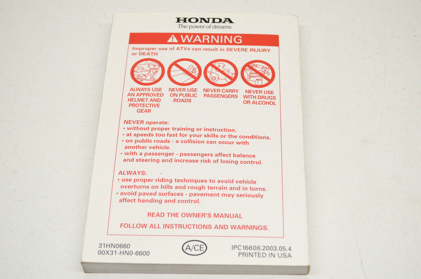 OEM Honda 31HN0660 Owner's Manual TRX450FM E 04