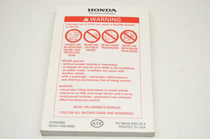 OEM Honda 31HN0660 Owner's Manual TRX450FM E 04