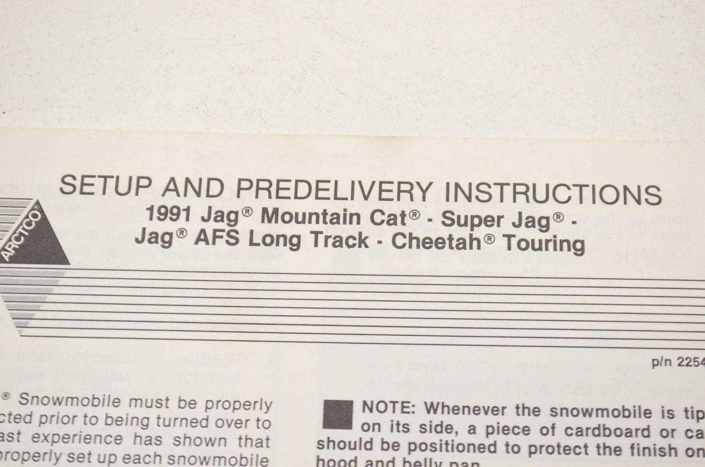 OEM Arctic Cat 2254-625 Setup & Predelivery Instructions