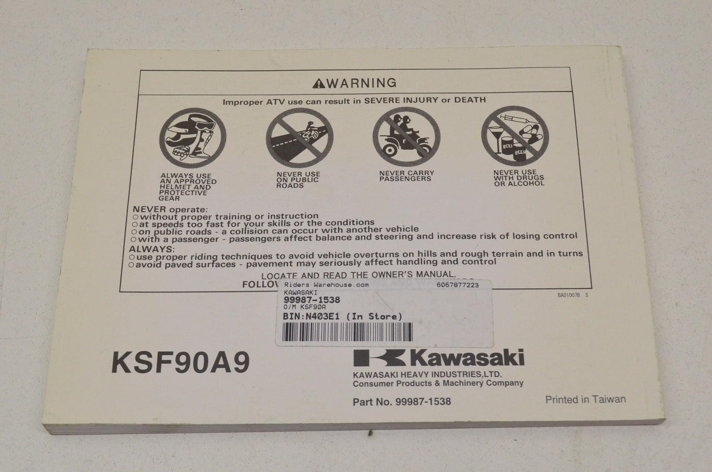 OEM Kawasaki 99987-1538 Owner's Manual KSF90A9