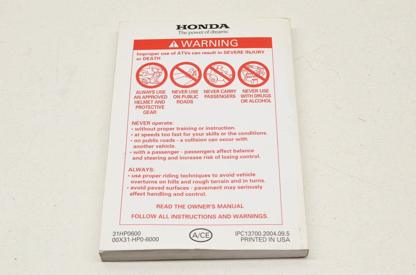 OEM Honda 31HP0600 Owner's Manual NOS