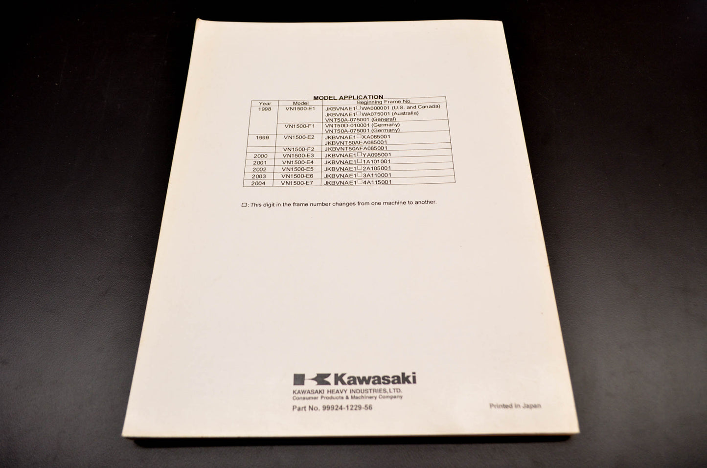 OEM Kawasaki 99924-1229-56 Service Manual Supplement VN1500E NOS