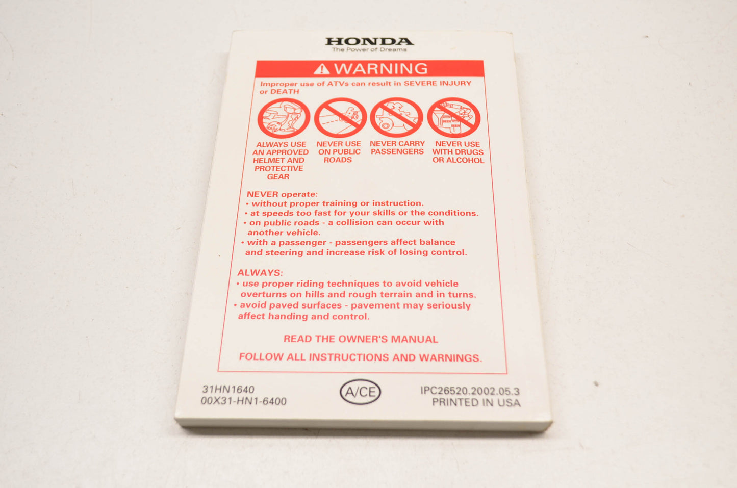 New OEM Honda TRX400EX Sportrax400EX Owner's Manual NOS