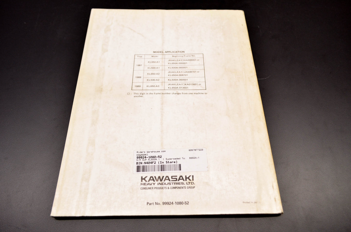 OEM Kawasaki 99924-1080-52 Service Manual Supplement KL650A