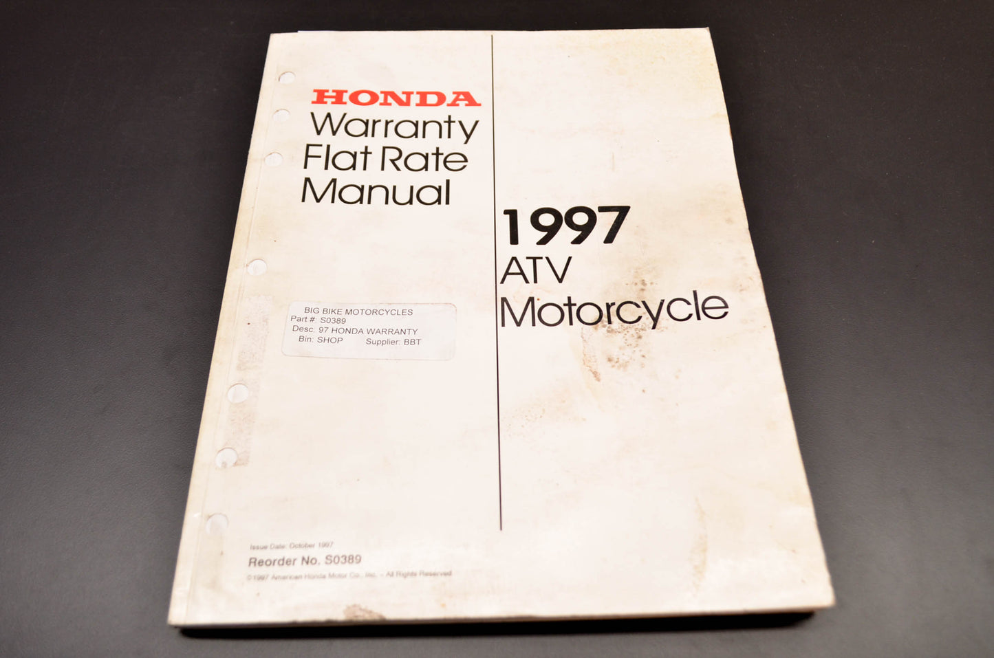 OEM Honda S0389, 14009708 97 ATV Motorcycle Warranty Flat Rate Manual