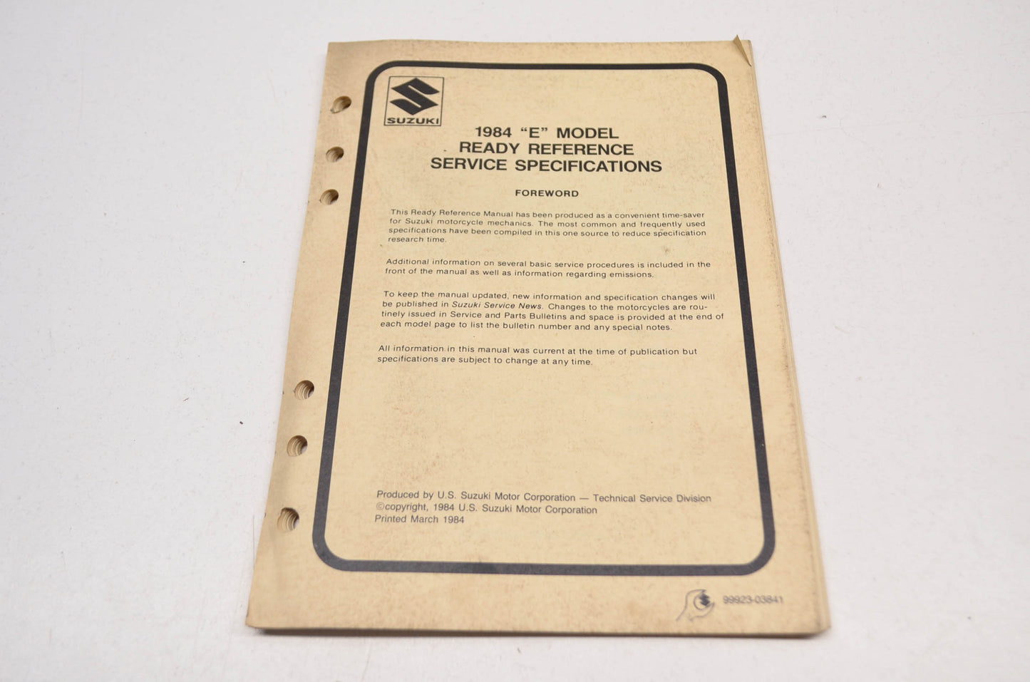 OEM Suzuki 99923-03841 84 E Model Ready Reference Service Specs Manual