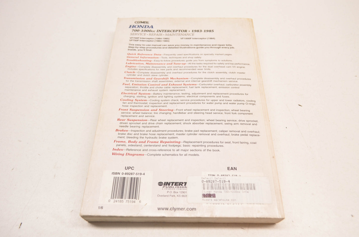 Clymer Honda 700-1000cc Interceptor Service Manual 83-85 700-1000cc Interceptor.