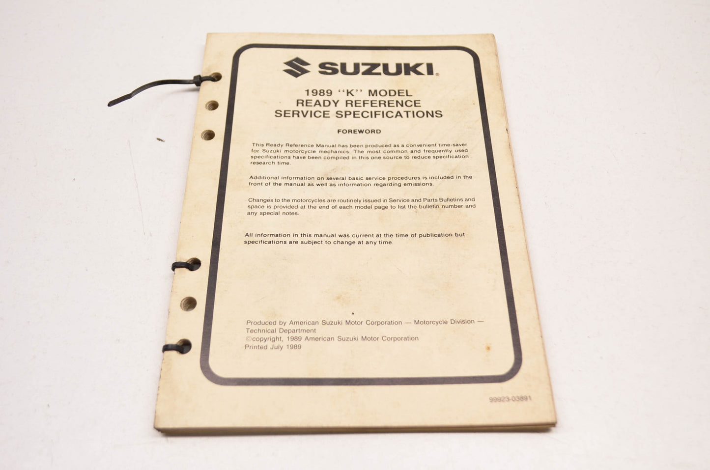 OEM Suzuki 99923-03891 89 K Model Ready Reference Service Specs Manual